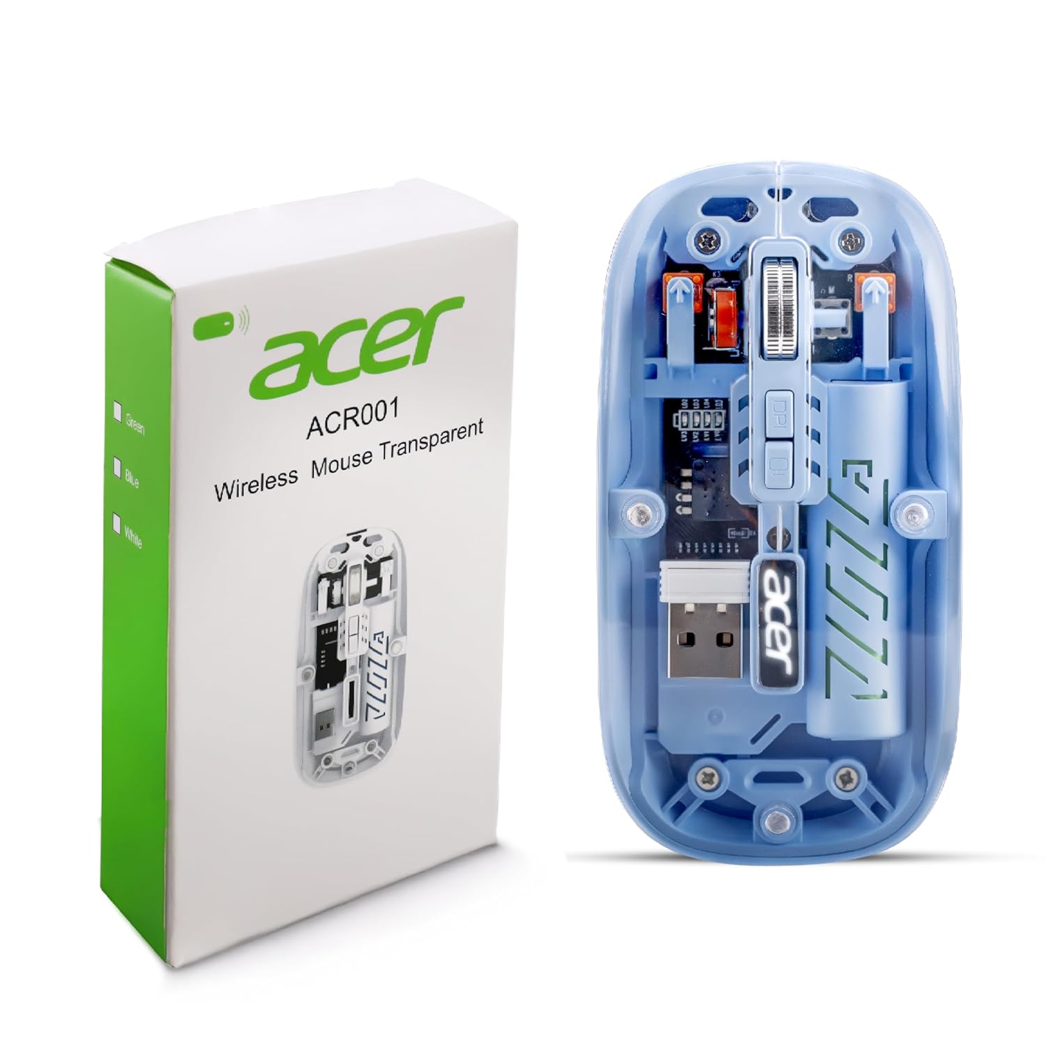 71x9l6GSGKL._SL1500_ Acer Clearview Transparent Wireless & Bluetooth Rechargeable Mouse, USB Receiver, LED Colors, Bluetooth 2.4G Mini Lightweight Design for Office/PC/Mac/Laptop/Apple/ipad (Blue) - Image 1
