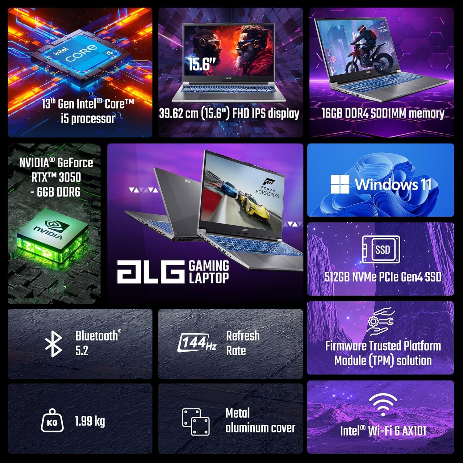 Acer ALG 13th Gen Intel Core i5-13420H processor Gaming Laptop (Windows 11 Home/16GB RAM/ 512GB SSD/NVIDIA GeForce RTX 3050 - 6GB DDR6)AL15G-53 with 39.6 cm (15.6") FHD Display, Backlit Keyboard, 144Hz, Steel Gray, 1.99kg - Image 3