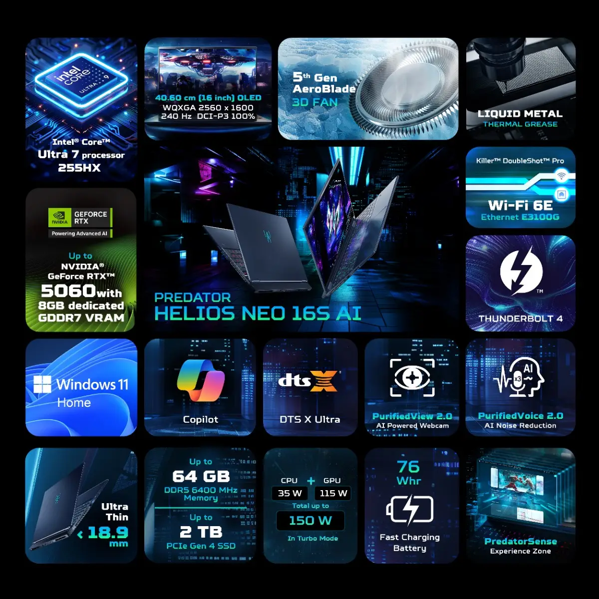 Acer PREDATOR HELIOS NEO 16S AI Gaming Laptop, Intel Core Ultra 7 255HX processor, NVIDIA GeForce RTX 5060 - 8 GB GDDR7, 16 GB RAM, 1 TB SSD, WQXGA OLED, 16.0"/40.64 cm, Windows 11 Home, Abyssal Black, 2.3 kg, PHN16S-71, RGB-backlight keyboard - Image 3